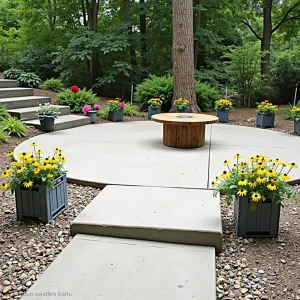 Rustic Gravel-Edge Concrete Space - A simple poured concrete patio softened with gravel borders and wildflower edges. Railroad tie steps lead to a basic concrete pad, decorated with vintage milk crates as planters filled with black-eyed susans and coneflowers. Repurposed wooden cable spool as coffee table.