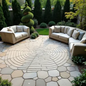 Sacred Geometry Garden - A hexagonal concrete patio with Fibonacci spiral patterns etched into the surface. Tall architectural plants like blue atlas cedar and spiral topiary create vertical interest. Pentagonal concrete seating pods with geometric cushions in golden ratios. Crystal quartz inlays catch and reflect sunlight.