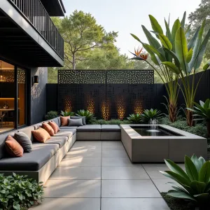 Sculptural Shadow Play Terrace - A sophisticated polished concrete patio featuring perforated metal screens casting artistic shadows. Giant bird of paradise and cordyline create dramatic silhouettes. Integrated concrete seating with plush weatherproof cushions in charcoal and copper tones. Sculptural water feature with subtle LED lighting.