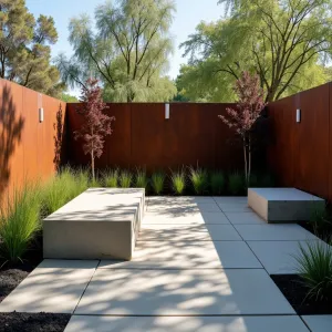 Shadow Play Pavilion - A smooth-finished concrete patio with perforated cor-ten steel screens casting artistic shadows. Karl Foerster grass and black mondo grass create dramatic silhouettes. Minimalist concrete cube seating with integrated uplighting enhances shadow effects. Geometric water feature provides gentle sound.