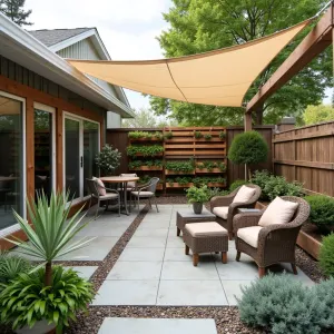 Simple Sustainable Shade Garden - An eco-friendly concrete patio with recycled glass aggregate, surrounded by drought-tolerant sedum and ornamental sage. Repurposed wooden pallets create vertical herb gardens, with a simple canvas sail shade overhead. Secondhand wicker furniture adds comfort.