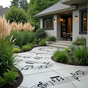 Sound Garden Symphony - A concrete patio with integrated musical staff patterns and built-in wind chimes. Tall ornamental grasses including symphony oats and northern sea oats provide natural music. Concrete sound-amplifying walls with vertical gardens. Musical note-shaped planters with singing reed grass.