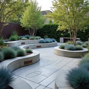 Sound Wave Terrace - A flowing concrete patio with undulating surface patterns resembling sound waves. Blue fescue and Mexican feather grass create rhythmic movement in raised planters. Curved concrete seating follows the wave patterns, with integrated bluetooth speakers. Copper chime sculptures provide natural music.