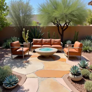 Southwest Modern Sanctuary - A colored concrete patio with embedded turquoise stones and copper accents. Desert-adapted plants like blue agave and golden barrel cactus in geometric concrete vessels. Modern interpretations of traditional Mexican equipale chairs in leather and steel. Built-in concrete fire bowl with crushed glass.