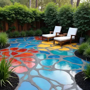 Stained Glass Garden - A dramatic concrete patio painted to resemble stained glass windows, using translucent concrete stains in jewel tones. Japanese forest grass and black mondo grass provide contrasting texture, while painted concrete planters hold climbing cardinal vine. Modern acrylic furniture allows the floor design to shine through.