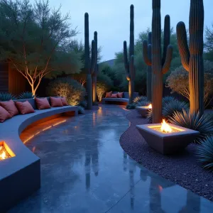 Starlit Desert Lounge - A midnight blue polished concrete patio embedded with light-reflecting minerals. Tall saguaro cacti and blue agave create dramatic silhouettes. Curved concrete seating with integrated LED lighting and copper-toned cushions. Fire glass features in geometric concrete vessels provide warm illumination.