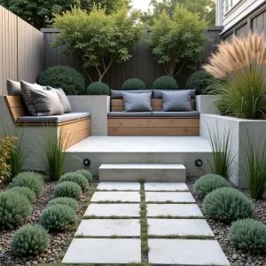 Sunken Garden Sanctuary - A stepped-down concrete patio creating an intimate sunken garden effect. Creeping thyme grows between concrete pavers, while Mexican feather grass sways at the upper border. Simple wooden bench seating built into the concrete steps, adorned with weather-resistant gray cushions. Solar globe lights mark the perimeter.