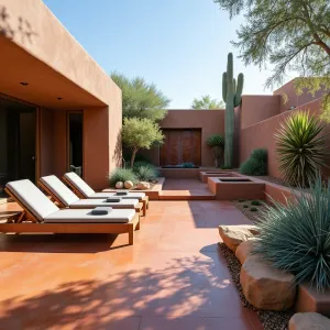 Sunset Canyon Lounge - A rust-colored concrete patio with canyon-inspired textural patterns. Red yucca and blue grama grass create desert harmony. Concrete loungers with integrated shade canopies. Copper water features emerge from geometric concrete forms.