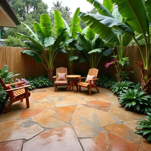 Tropical Paradise Concrete Oasis - A colored concrete patio with palm frond patterns stamped into the surface. Lush tropical plantings including bird of paradise and banana plants. Teak furniture and bamboo screens create privacy.