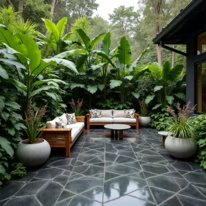 Tropical Rain Forest - A dark polished concrete patio with integrated misting system and leaf imprints. Giant bird of paradise and tree ferns create jungle canopy. Concrete sphere planters with trailing orchids. Teak and concrete hybrid furniture with tropical print cushions.