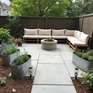 Urban Farmhouse Concrete Haven - A basic concrete patio enhanced with galvanized metal troughs as raised beds, filled with kitchen herbs and cherry tomatoes. Simple wooden bench seating with canvas cushions, and a DIY concrete fire pit as centerpiece. Mason jar solar lights line the edges.