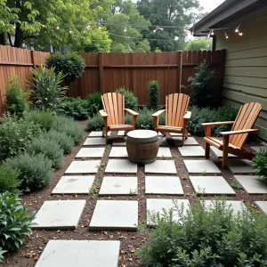 Urban Herb Garden - A square concrete patio with integrated herb planting squares creating a checkerboard effect. Rosemary, sage, and lavender fill the growing spaces, while simple concrete pavers form the walking areas. Basic wooden Adirondack chairs flank a repurposed wine barrel table. String lights criss-cross overhead.