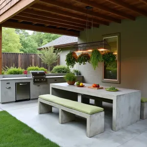 Urban Herb Kitchen - A functional concrete patio under deck space transformed into an outdoor kitchen and herb garden. Built-in concrete planters contain culinary herbs while integrated lighting illuminates food prep areas. Modern concrete dining table with herb-drying racks above and comfortable bench seating with sage green cushions.