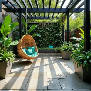 Urban Jungle Concrete Canvas - A textured concrete patio with embedded glass aggregates that sparkle in sunlight. Lush philodendrons and monstera deliciosa cascade from elevated planters. Rattan egg chairs with emerald cushions swing from a black steel pergola. Living wall features air plants and trailing vines.