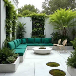 Vertical Forest Haven - A sleek white concrete patio featuring integrated vertical garden walls with hidden irrigation. Boston ferns and hanging philodendrons cascade from multiple levels. Modern concrete pod seating with emerald cushions. Circular cutouts in the concrete flooring filled with moss gardens.