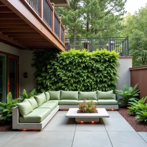 Vertical Garden Cascade - A multi-level concrete patio beneath a raised deck, featuring cascading vertical garden walls with integrated irrigation. Boston ferns and string of pearls spill down custom concrete planters, creating living curtains. Modern concrete bench seating with copper accent lighting and sage green cushions provides comfortable viewing of the living walls.