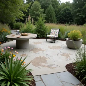 Wild Meadow Edge - A natural concrete patio with wildflower seed impressions creating fossilized patterns. Native wildflowers and fountain grasses blur the edges. Concrete drum tables double as planters. Simple metal deck chairs with botanical print cushions. Solar-powered ground lighting mimics fireflies.