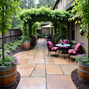 Wine Country Elegance - A stamped concrete patio with wine barrel imprints and antiqued finish. Espaliered grape vines and lavender borders create a vineyard atmosphere. Reclaimed oak wine barrel planters filled with Mediterranean herbs. Wrought iron bistro sets with burgundy cushions and vintage wine press decoration.