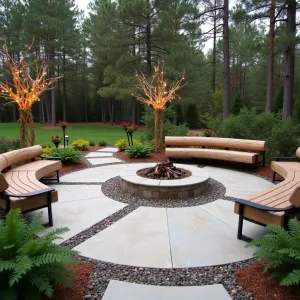 Woodland Edge Concrete Retreat - A natural concrete patio with pine needle impressions, bordered by native ferns and hostas. Simple log seating arranged around a gravel fire pit area. Pine cone and branch decorations with solar-powered copper wire lights woven through branches.