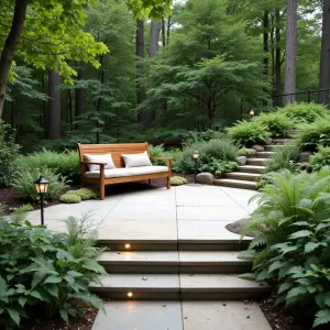 Woodland Edge Escape - A natural finish concrete patio bordered by woodland plantings. Native ferns and wild ginger create soft edges. Simple wooden bench with outdoor cushions faces the garden. Path lights illuminate stone steps leading to the space.