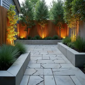 Woven Reed Garden Path - An organic concrete patio designed with reed-like impressions creating a woven texture effect. Tall zebra grass and golden Japanese forest grass provide natural screening. Custom-built concrete bench with integrated planter boxes featuring cascading silver falls dichondra. Illuminated bamboo screens create evening drama.