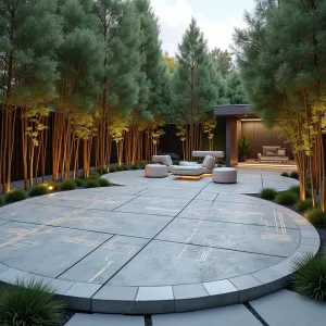 Zen Circuit Garden - A circular concrete patio with circuit board patterns etched into the surface. Bamboo and cloud-pruned pines create natural contrast to geometric patterns. LED-lined concrete seating with USB charging stations. Modern metal sculptures with interactive lighting.