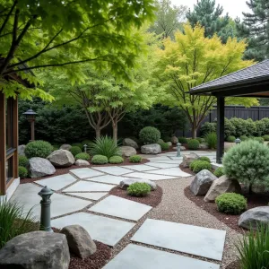 Zen Garden Concrete Space - A polished concrete patio with integrated Japanese-style rock garden, featuring carefully placed boulders and raked gravel patterns. Maple trees provide dappled shade, with mondo grass and stone lanterns adding authentic touches.