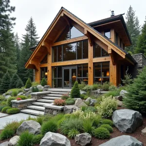 Alpine-Inspired Weather Shield - A sturdy timber frame structure with steep-pitched clear panels inspired by Alpine architecture, featuring rock garden elements with dwarf conifers, alpine flowers, and cascading sedums in stone troughs.