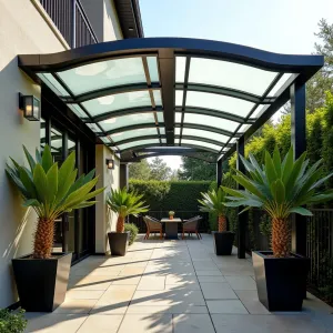 Art Deco Revival Shelter - A glamorous patio cover featuring stepped aluminum frames with frosted glass panels, inspired by Art Deco architecture. Complemented by fan palms in black and gold planters and geometric patterns in the paving.