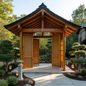 Asian-Inspired Bamboo Shade Structure - An elegant bamboo and timber shade structure with a pitched roof, featuring roll-up reed screens for additional shade. Japanese maple and cloud-pruned juniper create a serene backdrop, with stone lanterns providing ambient lighting.