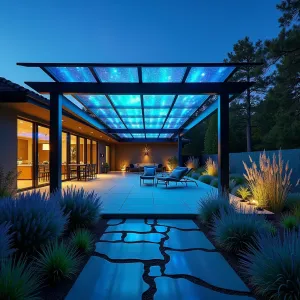 Aurora Borealis Light Dance - A spectacular patio cover using smart glass panels that create shifting color displays inspired by the Northern Lights. Surrounded by Ice Plant, Silver Sage, and Blue Oat Grass that reflect the changing colors. Fiber optic ground lighting creates additional aurora effects through the garden.