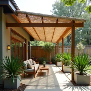 Bamboo Screen Overhead Cover - A lightweight patio cover made from rolled bamboo screening attached to a simple frame, creating dappled shade. Chinese fan palms and butterfly irises in simple concrete planters add an Asian-inspired feel.