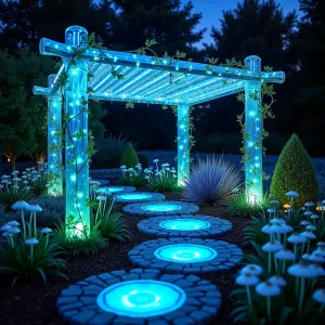 Bio-Luminescent Garden Shelter - A groundbreaking patio structure featuring transparent tubes filled with bio-luminescent algae, creating natural blue-green lighting at night. The structure is complemented by Ghost Plants, Electric Blue Penstemon, and Moonflower vines climbing phosphorescent cable supports. Glowing stepping stones lead through beds of bioluminescent mushrooms.