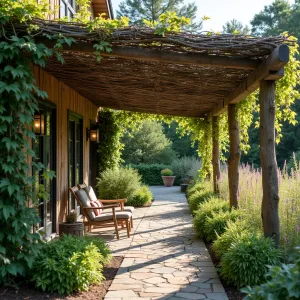 Branch and Willow Natural Cover - A rustic patio cover woven from collected branches and willow stems, creating organic patterns of dappled shade. Sweet autumn clematis and hardy kiwi vines scramble through the structure, while native wildflowers fill border beds.