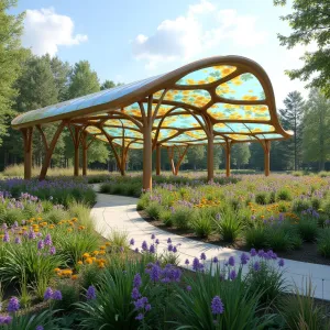 Butterfly Rain Garden Canopy - A whimsical curved canopy structure with translucent panels and butterfly-inspired design elements, surrounded by rain garden plantings of purple coneflower, black-eyed susans, and native grasses.