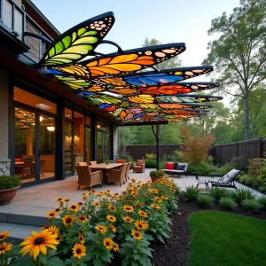 Butterfly Wing Pavilion - A whimsical patio cover featuring overlapping panels of colored acrylic in butterfly wing patterns, creating magical light effects. The butterfly garden includes Butterfly Bush, Mexican Sunflower, and Purple Coneflower, attracting pollinators throughout the season.