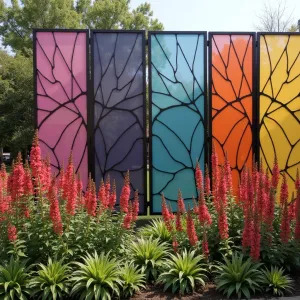 Butterfly Wing Shade Sail - Overlapping fabric panels in gradient colors mimic butterfly wing patterns, supported by curved steel posts. Butterfly Bush, Lantana, and Brazilian Verbena attract pollinators, while Red Fountain Grass adds movement.