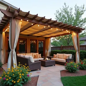 Mixed Canvas Drop Cloth Shade - An affordable patio cover using canvas drop cloths in varying neutral tones, draped and secured between wooden posts. Mexican sage and lantana provide colorful borders, while rope lighting adds evening ambiance.