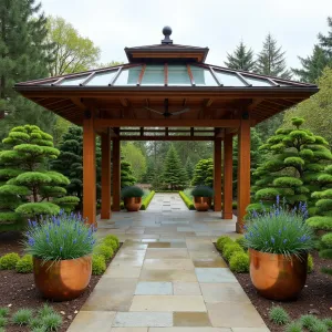 Cascading Rain Chain Pavilion - A serene wooden pavilion with clear polycarbonate roofing featuring decorative copper rain chains at each corner. Japanese maples and dwarf pine trees frame the structure, while copper container gardens filled with blue hostas and Japanese forest grass add tranquility.