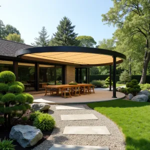 Circular Tension Fabric Canopy - A modern circular patio cover using tension fabric stretched between curved steel supports, creating an organic shape. Surrounded by a zen garden featuring Cloud-Pruned Boxwood and Japanese Forest Grass with meditation boulder seating.