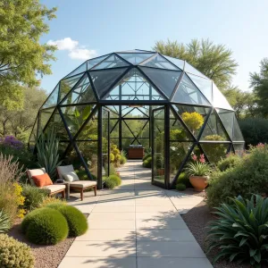 Climate-Controlled Crystal Dome - A geodesic dome patio cover with smart glass panels that automatically tint according to temperature and light levels. Featuring a microclimate-controlled environment supporting both tropical and desert plants including Rainbow Eucalyptus, Arctic Willow, and Desert Rose in distinct zones.