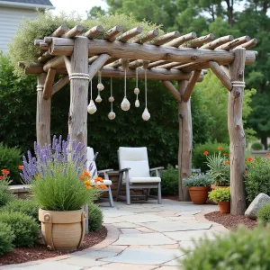 Coastal Driftwood Pergola - A beach-inspired pergola crafted from weathered driftwood-style timber with white rope details and shell wind chimes. Complemented by coastal plantings of Sea Lavender, Shore Juniper, and trailing Nasturtiums in weathered wooden planters.