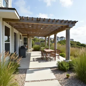 Coastal Dune Shelter - A beach-inspired patio cover featuring weathered cedar posts with white rope details and slatted panels reminiscent of dune fencing. Coastal plantings include Sea Oats, Dune Sunflower, and Beach Morning Glory, with shell-lined pathways completing the seaside atmosphere.