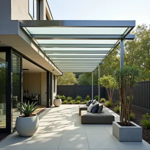 Contemporary Glass Panel Covering - A minimalist patio cover featuring frosted glass panels supported by brushed stainless steel frames, creating dappled shade. Paired with geometric concrete planters containing black bamboo and architectural succulents.