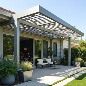 Contemporary Grid Shade Gallery - A minimalist alumawood patio cover featuring a geometric grid pattern in brushed silver, with alternating solid and latticed sections. Modern container gardens showcase Japanese Forest Grass, Black Mondo Grass, and Silver Cloud Lamb's Ear, creating strong textural contrasts.