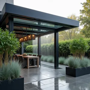 Contemporary Rain Screen Shelter - A sleek patio cover with overlapping metal and glass panels creating a waterfall effect when raining. Bordered by architectural black bamboo and silver grass in rectangular steel planters.