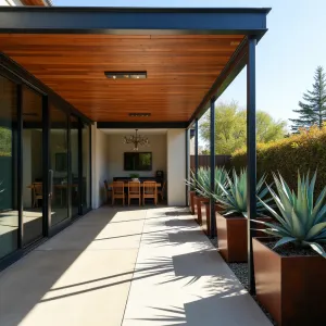 Contemporary Slat and Steel Cover - A modern horizontal slat patio cover made from ipe wood and blackened steel supports, creating linear shadows on a polished concrete floor. Featuring built-in strip lighting and sculptural Corten steel planters filled with architectural Sansevierias and Blue Agave plants.