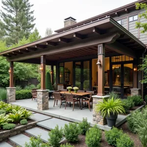 Copper and Glass Rain Pavilion - A sophisticated covered patio featuring patinated copper frame supporting glass panels with integrated water collection system. Surrounded by container gardens of Japanese painted ferns, coral bells, and variegated hakone grass.