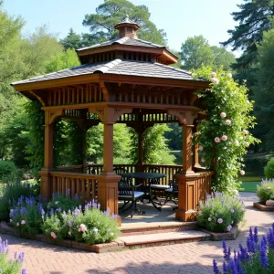 Cottage Garden Wooden Gazebo - A charming octagonal wooden gazebo with Victorian-inspired details, covered in climbing roses and clematis. The surrounding patio features herringbone brick pattern with English lavender borders and vintage-style metal furniture.