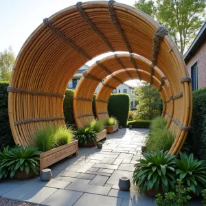 Curved Bamboo Canopy Retreat - A gracefully curved patio cover made from bent bamboo poles creating an organic wave pattern, secured with natural rope bindings. The structure features integrated planter boxes with cascading Japanese forest grass, dwarf mondo grass, and trailing Philodendron. Stone lanterns provide soft illumination along the curved pathway.